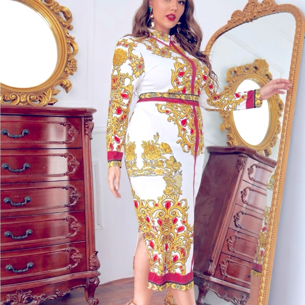 SHEIN Plus Size Scarf Print Split Back Dress